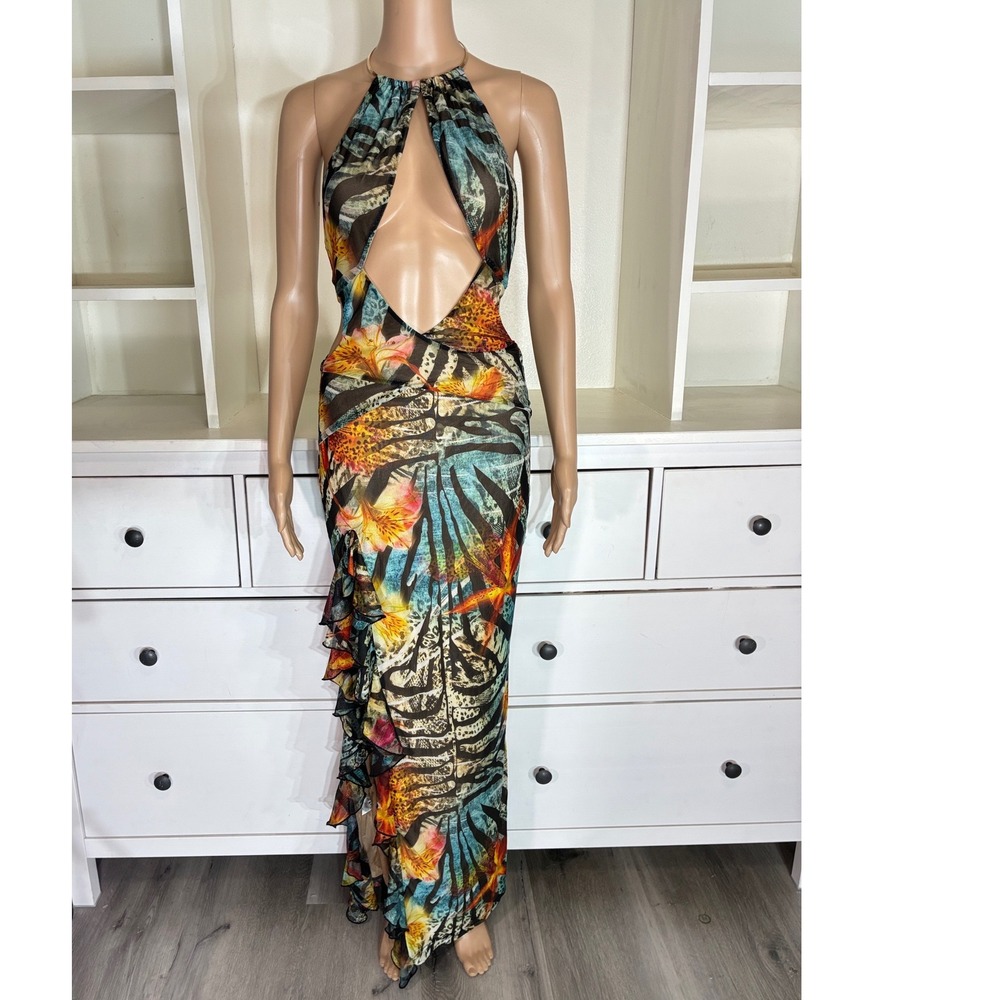 Outcast Cillian Maxi Dress Women XS Multicolor Wildflower Mesh Cutout Ruffle